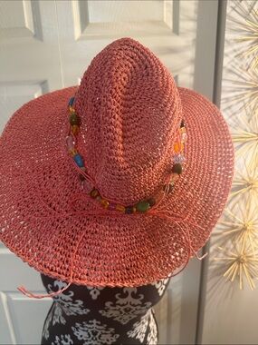 Coral Straw Sun Hat with Beaded Trim